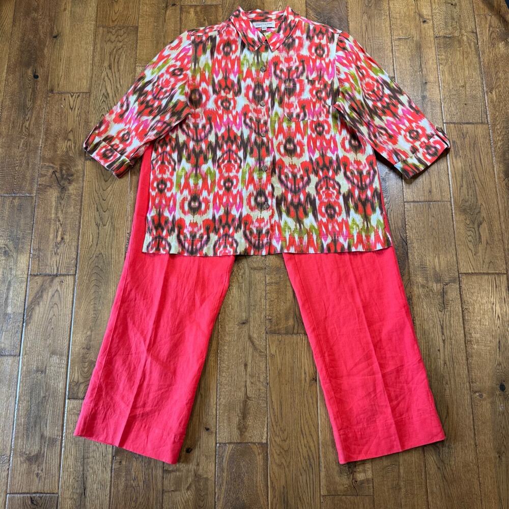 Jones New York Sport 100% Linen Blouse XL and Pants L Orange Green Button Up